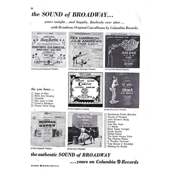 Columbia Records Broadway Original Cast Albums 1960s Vintage Print Ad 9 inch - Picture 1 of 2
